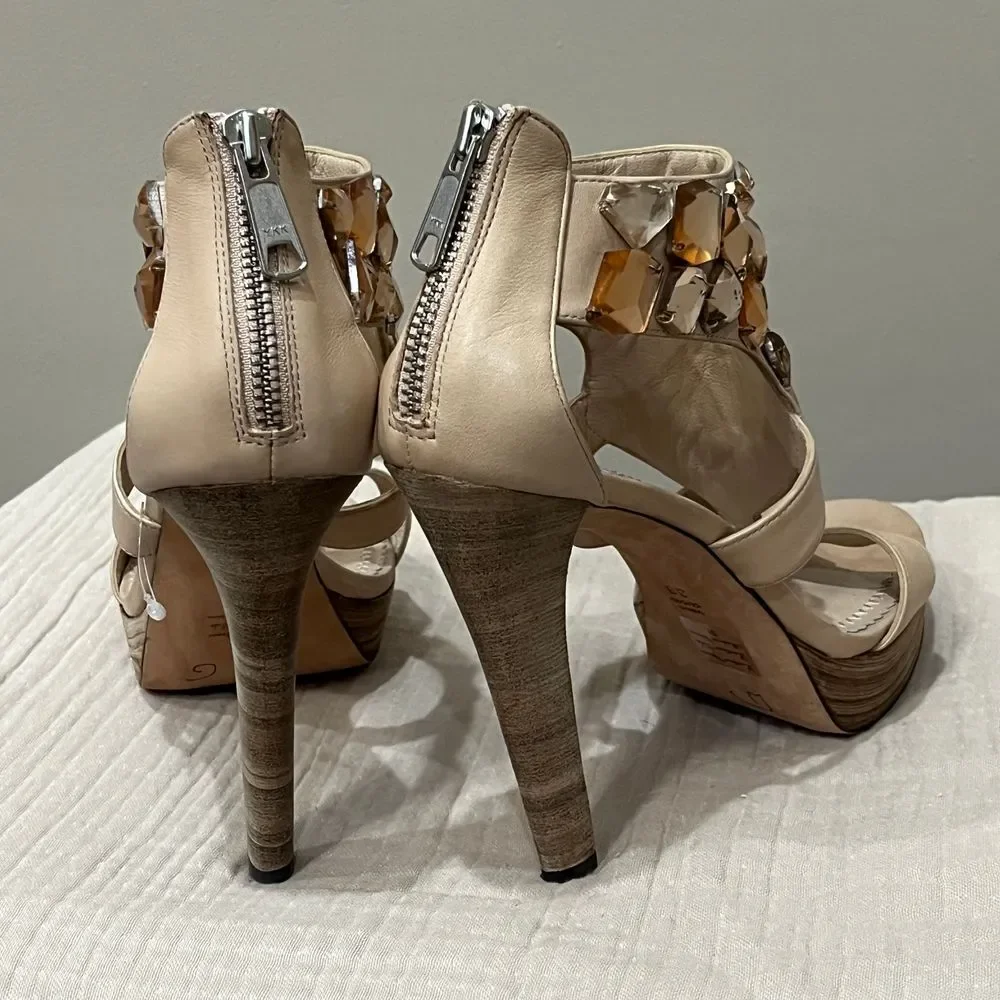 Jean-Michel Cazabat Crystal Embellished Platform Leather High Heels‎ Nude Sz 7.5